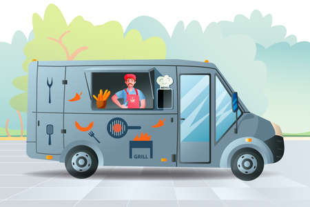 Food track, food-mobile kitchen on wheels, selling food at festivals in the city, parks, the streets and squares. Cook in an apron.のイラスト素材