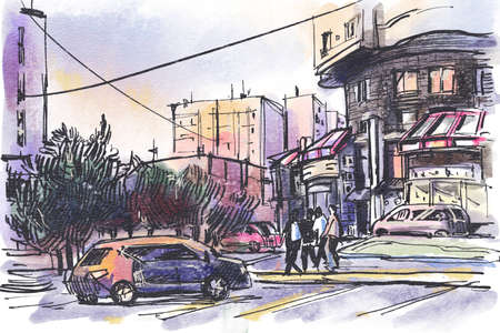 City landscape. Sketch ink and watercolor. Hand-drawn illustration.の写真素材