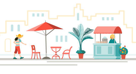 People in town. City street with ice cream stall and open cafe. An illustration in the flat style.のイラスト素材