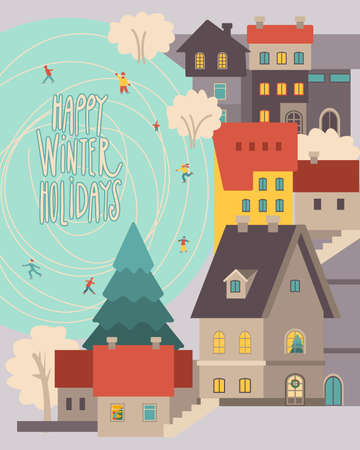 Christmas town with people at the ice rink. Vector illustrationのイラスト素材