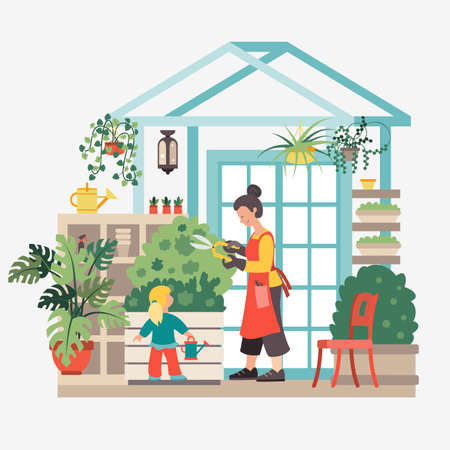 A young woman with a little daughter waters flowers in a home greenhouse. Vector illustrationのイラスト素材