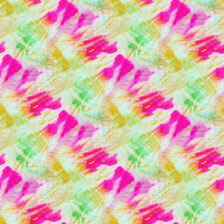 Seamless tie-dye pattern of pink and green color on white silk. Hand painting fabrics - nodular batik. Shibori dyeing.の写真素材