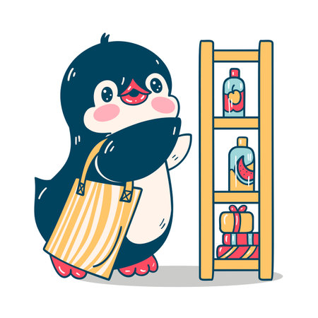 Winter illustration. Funny cartoon penguin in the shop, isolated on a white background. Vector.のイラスト素材