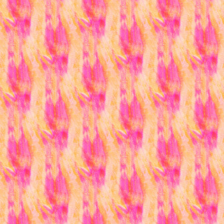 Seamless tie-dye pattern of pink and orange color on white silk. Hand painting fabrics - nodular batik. Shibori dyeing.の写真素材