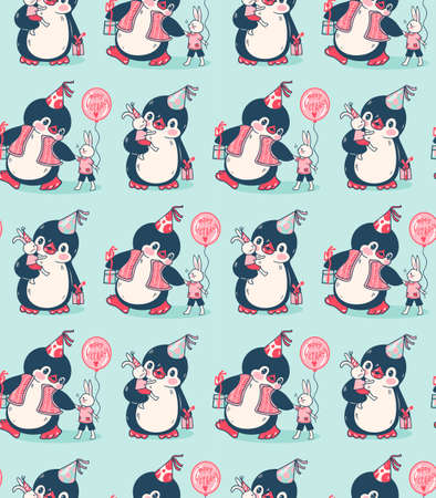 Seamless pattern with cute Penguins and bunnies. Birthday. Hand-drawn illustration. Vector.のイラスト素材