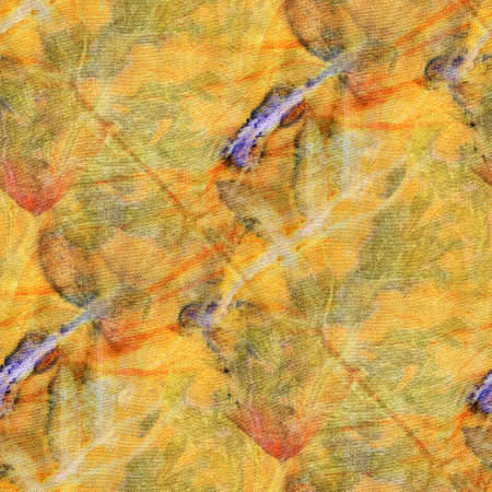 Seamless Botanical print with leaf prints on natural silk. Hand-drawn illustration.