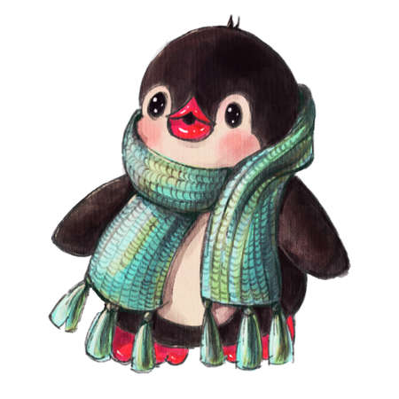 Winter illustration with funny cartoon penguin in a scarf, isolated on a white background. Drawing in watercolor and pencil.の写真素材