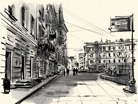 City landscape. Sketch ink and watercolor. Monochrome drawing. Hand-drawn illustration.の写真素材