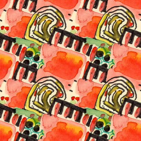 Abstract seamless pattern with watercolor drawing in doodle style. Drawing watercolor and ink.