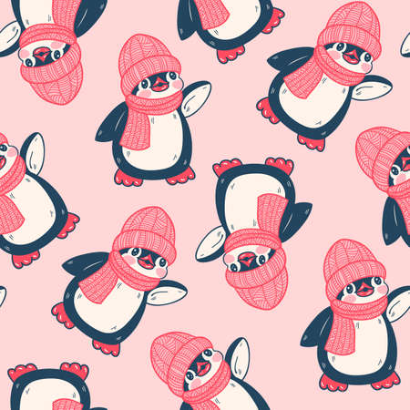 Seamless pattern with cute penguins. Hand-drawn illustration. Vector.のイラスト素材