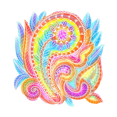 Decorative element in Doodle style, isolated on white background. Multicolor Paisley print. Watercolor drawing.の写真素材