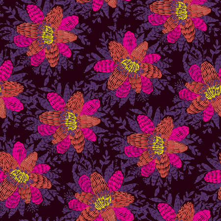 Seamless pattern - decorative embroidery with bright flowers. Hand-drawn illustration. Hand-drawn illustration.の写真素材