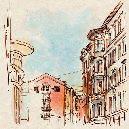 City landscape. Sketch ink and watercolor. Hand-drawn illustration.の写真素材