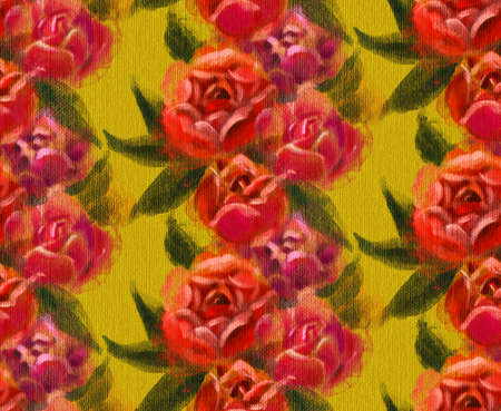 Seamless pattern with bright spring flowers. Red roses. Digital painting.の写真素材