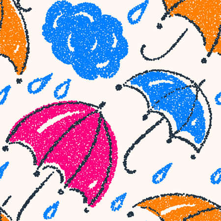 Seamless pattern with umbrellas and raindrops. Drawing with dots. Vector illustration