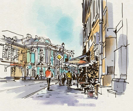 City landscape. Sketch ink and watercolor. Hand-drawn illustration.の写真素材