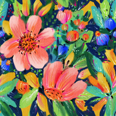 Seamless pattern with bright tropical flowers for summer fabrics. Acrylic painting .. Hand-drawn illustration.の写真素材