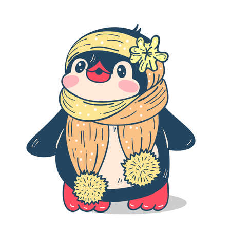 Winter illustration. Funny cartoon penguin in a warm scarf, isolated on a white background. Vector.のイラスト素材