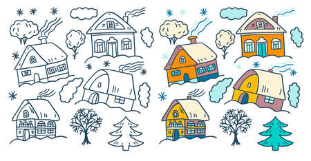 A coloring book with monochrome and colored houses in the doodle style. Vector illustrationのイラスト素材