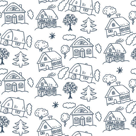Monochrome Seamless pattern with winter houses. Vector illustration in the doodle style.のイラスト素材