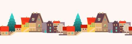 A decorative seamless element with a Christmas city. Vector illustration in the flat style.のイラスト素材