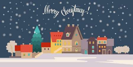 Christmas card with a night city. Vector illustration in the flat style.のイラスト素材
