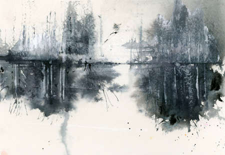 Abstract Winter landscape. A sketch with watercolor and ink. Hand-drawn illustration.の写真素材