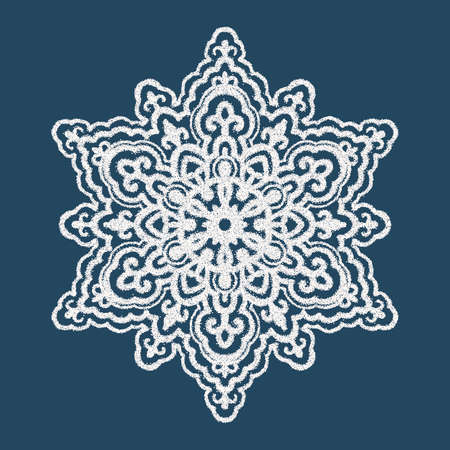 Monochrome mandala isolated on a black background. A white snowflake. Drawing with dots. Hand-drawn illustration. Vector.のイラスト素材