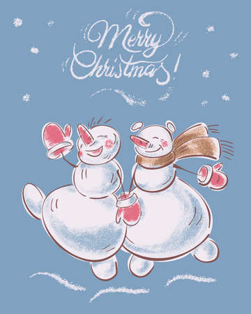 Christmas card with funny snowmen. Vector illustration in the flat style.のイラスト素材