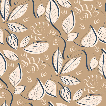 Seamless pattern with a sketch of leaves on kraft paper. Vector illustration.のイラスト素材