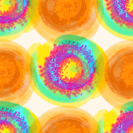 Seamless pattern with bright watercolor circles on a dark background. Hand-drawn illustration.の写真素材