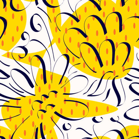 Seamless pattern with flowers in doodle style. Vector illustration.のイラスト素材