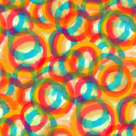 Seamless pattern with bright watercolor circles on a dark background. Hand-drawn illustration.の写真素材