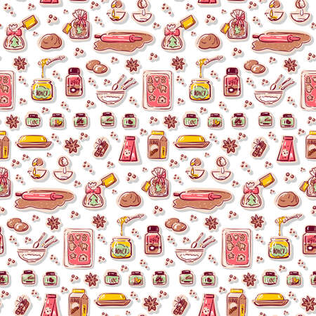 Seamless pattern with ingredients for Christmas Gingerbread. Vector illustration in doodle style.のイラスト素材