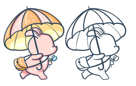 Hand-drawn illustration of funny cartoon Bunny. Painted and monochrome version. Vectorのイラスト素材