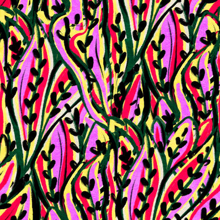 Seamless pattern with bright tropical flowers for summer fabrics. Acrylic painting. Hand-drawn illustration.の写真素材