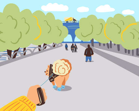 A walk in the city park with a dog on a leash. vector illustrationのイラスト素材