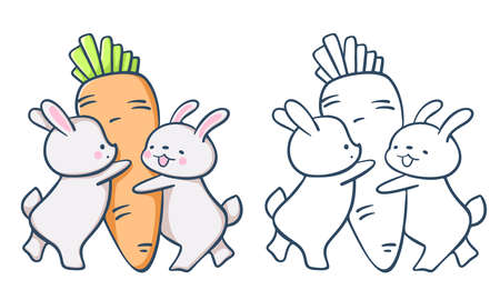 Hand-drawn illustration of funny cartoon Bunnies. Painted and monochrome version. Vectorのイラスト素材