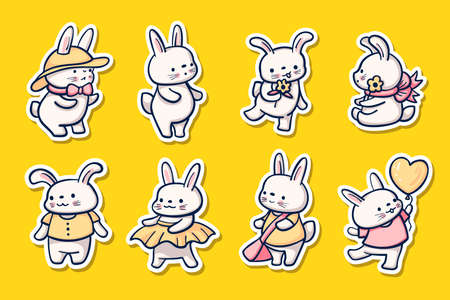 Hand-drawn illustration of funny cartoon Bunnies. A set of stickers. Vector.のイラスト素材