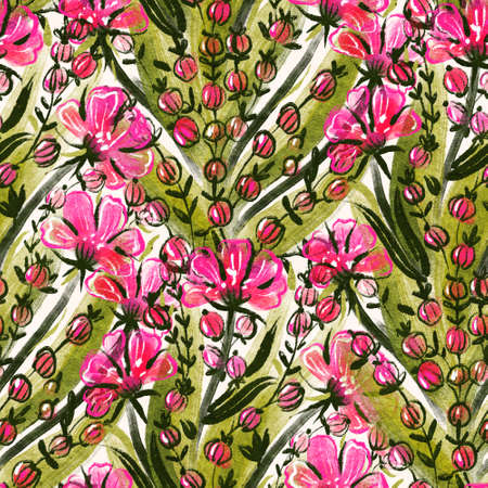 Seamless pattern with bright tropical flowers for summer fabrics. Acrylic painting .. Hand-drawn illustration.の写真素材