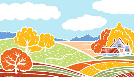 Bright autumn landscape in cartoon style. vector illustration.のイラスト素材