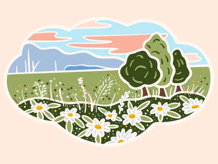 Summer landscape with a small village. Vector illustration in cartoon style.のイラスト素材