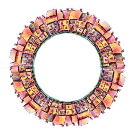 Frame with cartoon houses. Drawing with colored pencilsの写真素材