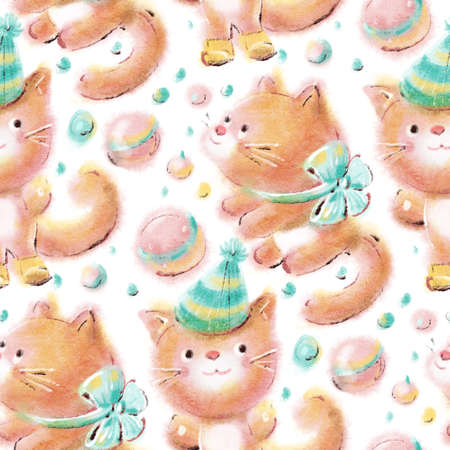 Seamless pattern - funny cartoon kittens. Drawing with colored pencils. hand-drawn illustration.の写真素材