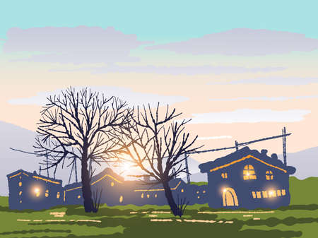 Autumn landscape with a village at sunset. vector illustrationのイラスト素材