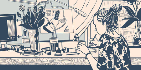 A sketch of a girl doing needlework in her room. vector illustrationのイラスト素材