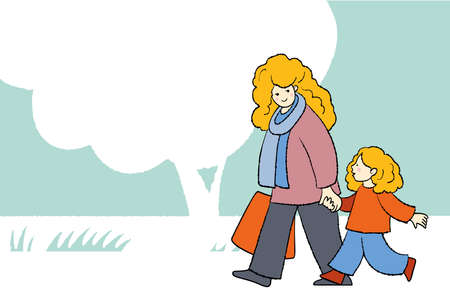 A young woman and her little daughter are walking down the street. vector illustrationのイラスト素材