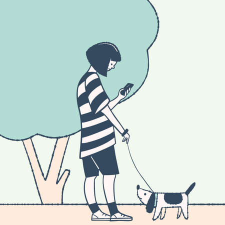 A young girl walks with her dog in the park. vector illustrationのイラスト素材