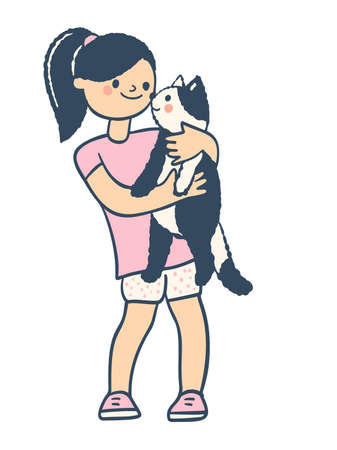 A girl with a cat. Vector illustration in cartoon style.のイラスト素材