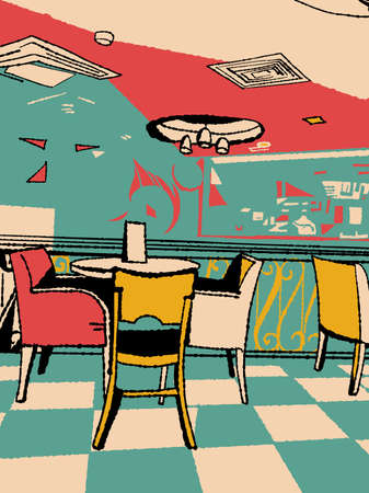 The interior of the cafe, stylized as a linocut. vector illustrationのイラスト素材